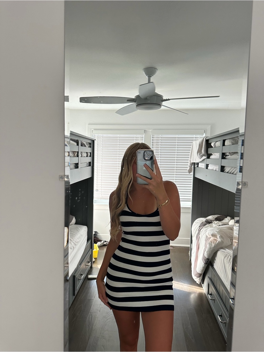 Striped Scoop Neck Mini Dress in Navy and White